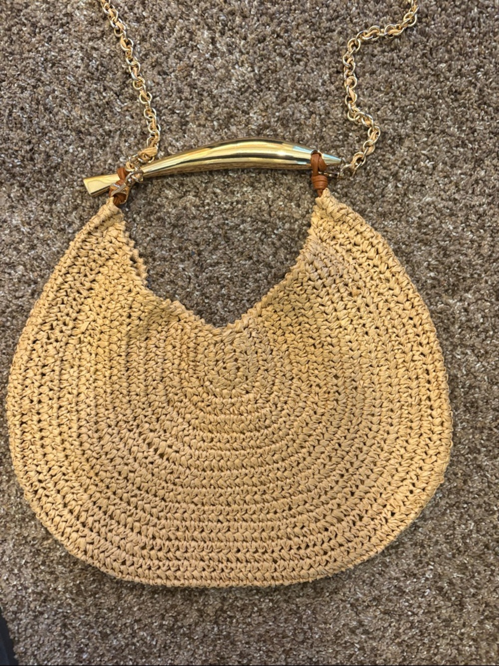Brielle Crossbody Woven Straw Hobo Shoulder Bag with Gold Chain - Beige - Picture 6 of 8